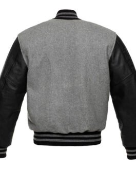 Grey Varsity Jacket with Black Leather Sleeves