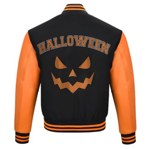Halloween Pumpkin Black and Orange Varsity Jacket - Image 2