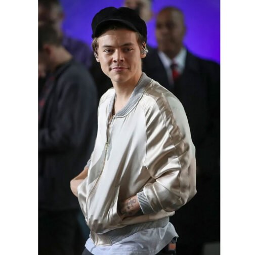 Harry Style Metallic Cream Bomber Jacket - Image 4