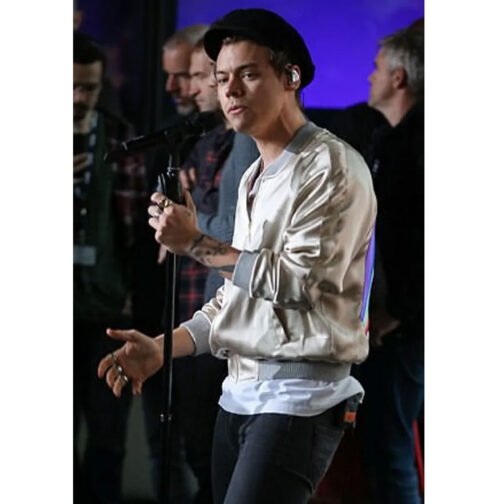 Harry Style Metallic Cream Bomber Jacket - Image 9