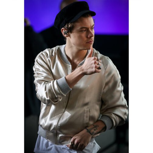 Harry Style Metallic Cream Bomber Jacket - Image 2