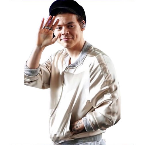 Harry Style Metallic Cream Bomber Jacket - Image 11