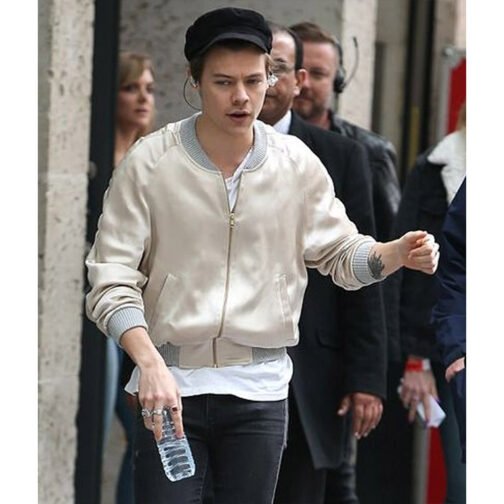 Harry Style Metallic Cream Bomber Jacket - Image 12