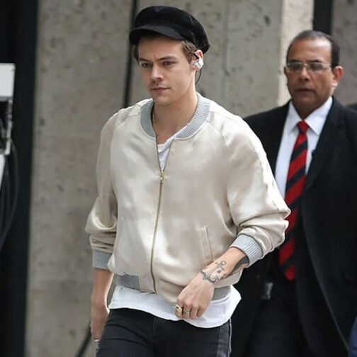 Harry Style Metallic Cream Bomber Jacket - Image 13