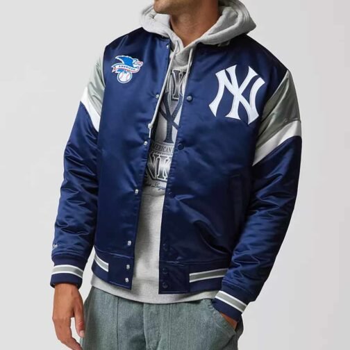 NY Yankees Heavyweight Navy Satin Jacket - Image 3