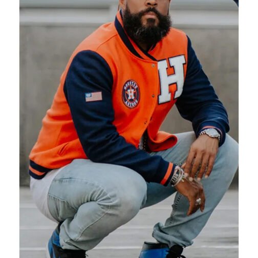 Houston Astros Blue and Orange Varsity Wool Jacket - Image 4