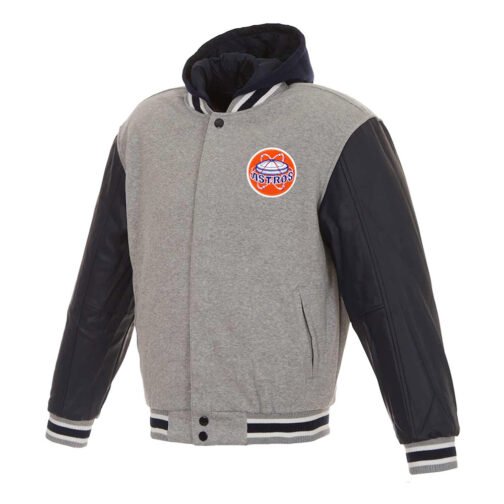 Houston Astros Navy Blue and Gray Hooded Varsity Jacket