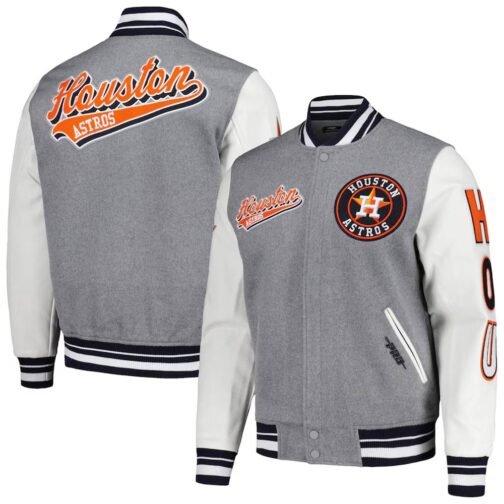 Script Tail Houston Astros Heather Gray and White Varsity Jacket - Image 3