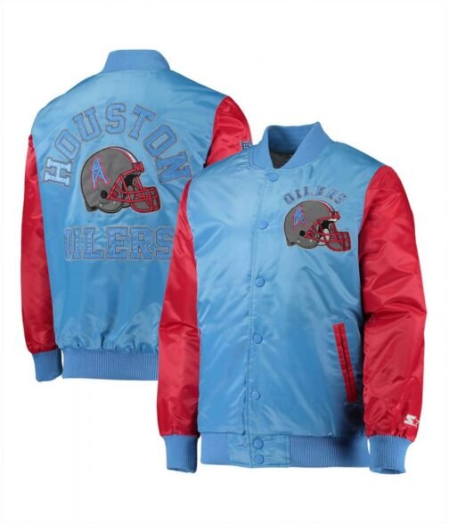 Houston Oilers Locker Room Throwback Light Blue and Red Jacket - Image 3