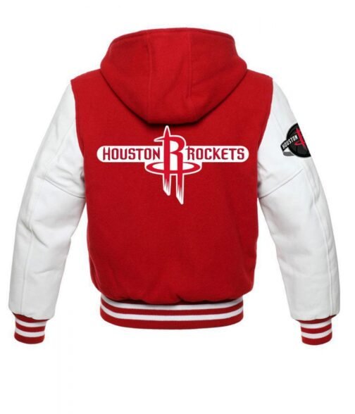Houston Rockets NBA Varsity Red and White Hooded Jacket - Image 2
