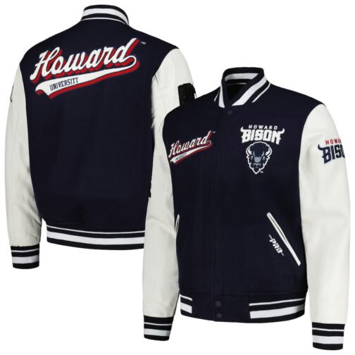 Howard Bison Script Navy and White Varsity Jacket - Image 3