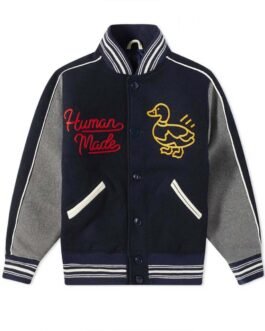 Varsity Human Made Duck Navy Blue and Grey Wool Jacket