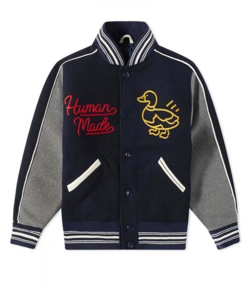 Varsity Human Made Duck Navy Blue and Grey Wool Jacket