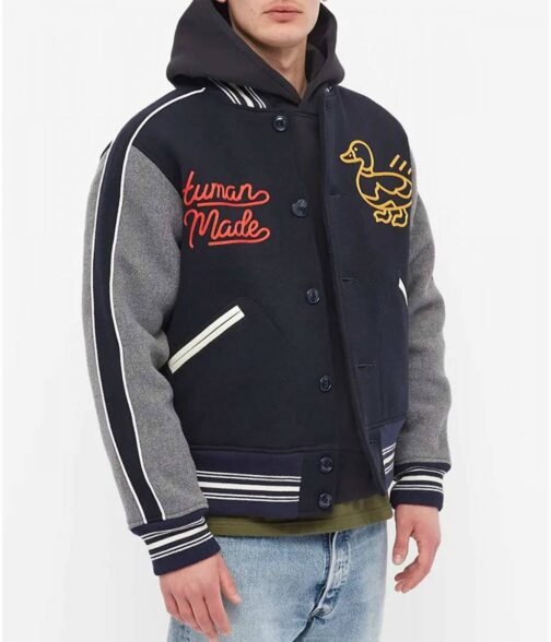 Varsity Human Made Duck Navy Blue and Grey Wool Jacket - Image 3