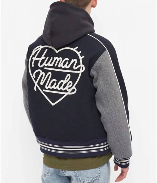 Varsity Human Made Duck Navy Blue and Grey Wool Jacket - Image 4