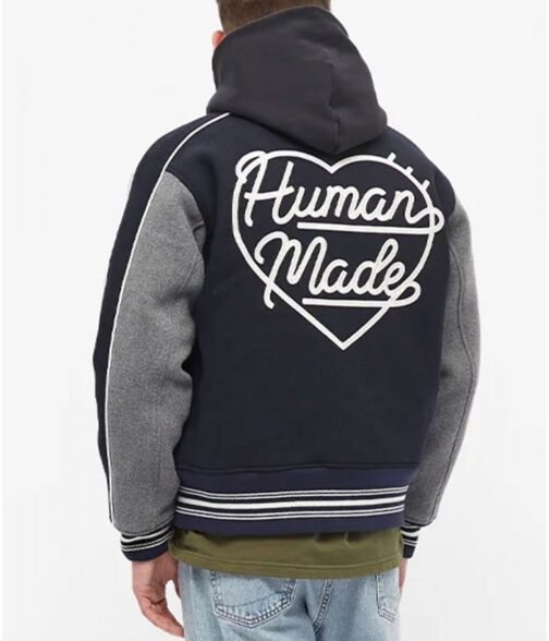 Varsity Human Made Duck Navy Blue and Grey Wool Jacket - Image 2