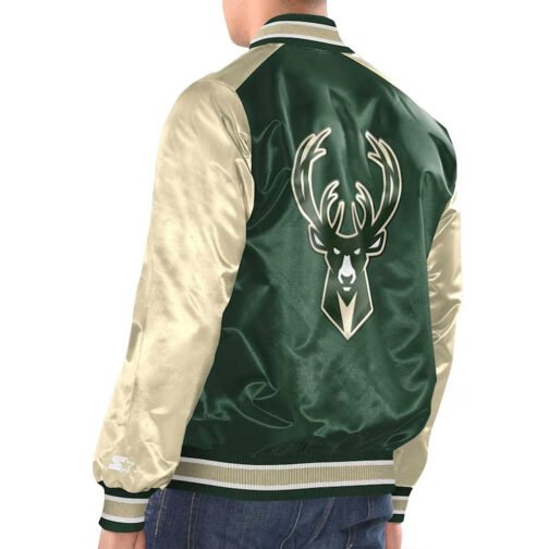 Hunter Green/Cream Milwaukee Bucks Renegade Varsity Satin Jacket - Image 2