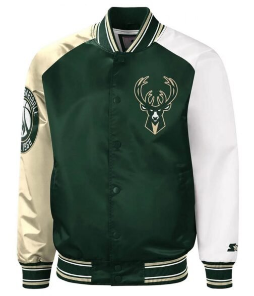 Milwaukee Bucks Hunter Green and Cream Varsity Satin Jacket