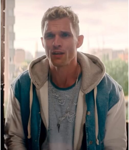 Ed Skrein I Used to Be Famous Varsity Blue and Gray Jacket - Image 3