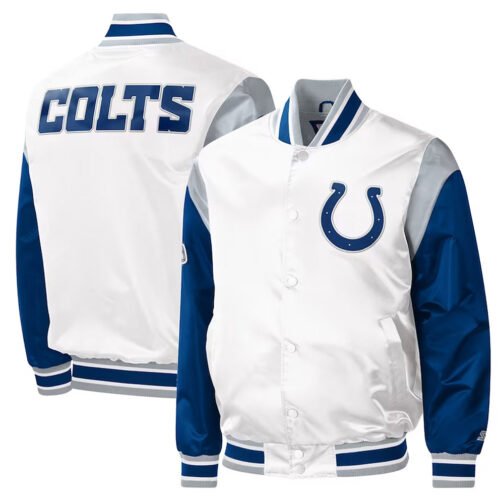 Indianapolis Colts Throwback Warm Up Pitch Varsity White Satin Jacket - Image 3