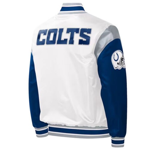Indianapolis Colts Throwback Warm Up Pitch Varsity White Satin Jacket - Image 2