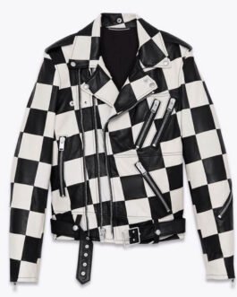 Men’s Biker Asymmetrical Zipper Checkerboard Leather Jacket