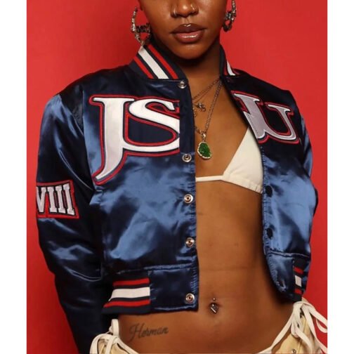 Women’s Embroidered Jackson State University Blue Cropped Jacket - Image 3