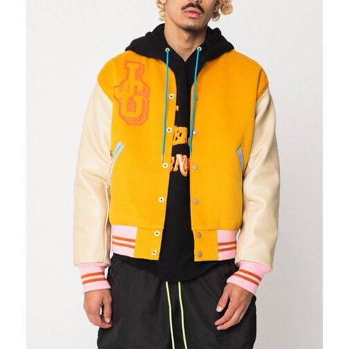 John Geiger Gold and Beige Varsity Jacket - Image 3