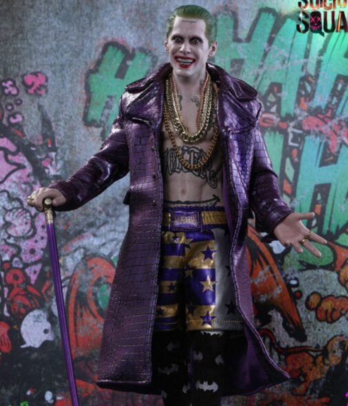 Joker Suicide Squad Purple Leather Trench Coat - Image 10