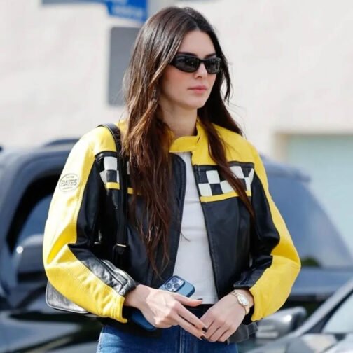 Kendall Jenner Race Flag Cafe Racer Leather Jacket - Image 4