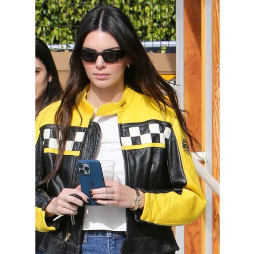 Kendall Jenner Race Flag Cafe Racer Leather Jacket - Image 5