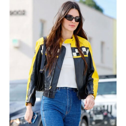 Kendall Jenner Race Flag Cafe Racer Leather Jacket - Image 2