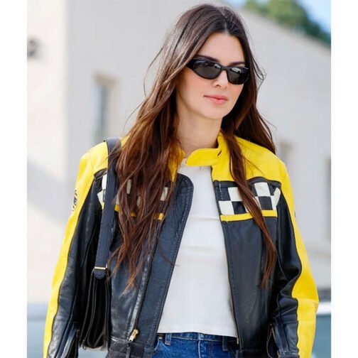 Kendall Jenner Race Flag Cafe Racer Leather Jacket - Image 3