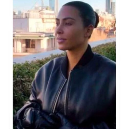 Kim Kardashian The Kardashians Black Bomber Leather Jacket - Image 8