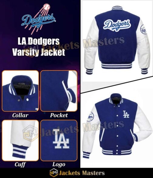 LA Dodgers Blue and White Varsity Jacket - Image 5