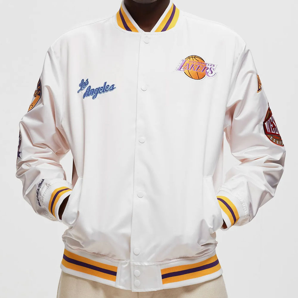LA Lakers City Collection White Varsity Satin Jacket - Image 7