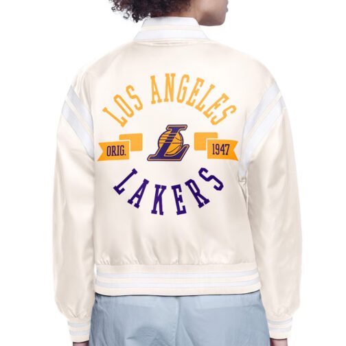 LA Lakers Printed Logo Varsity Satin Jacket - Image 4