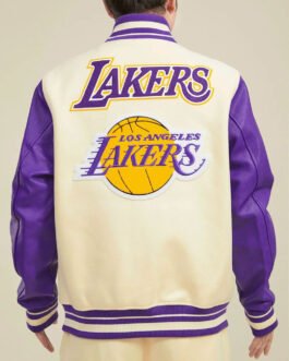LA Lakers Retro Classic Rib Off White and Purple Varsity Jacket