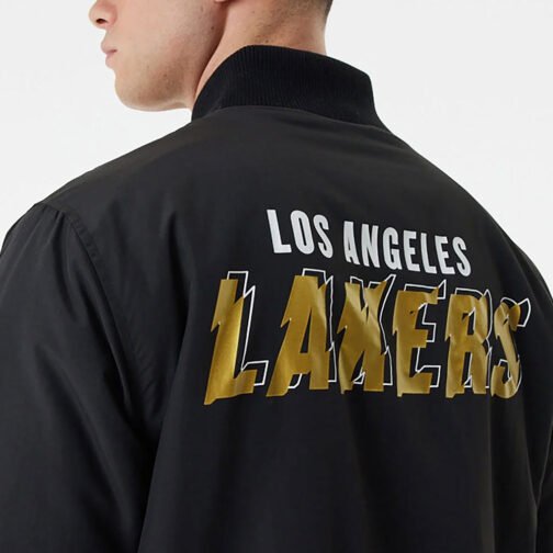 Black LA Lakers Team Script Bomber Jacket - Image 4