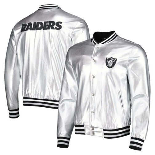 Las Vegas Raiders The Wild Collective Silver Metallic Leather Jacket - Image 3