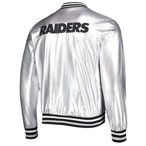 Las Vegas Raiders The Wild Collective Silver Metallic Leather Jacket - Image 2