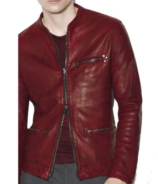 Men’s Casual Red Burnished Dual Zipper Jacket - Image 3