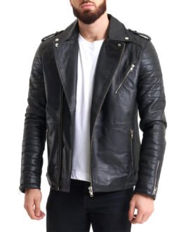Ribbed Sleeve Real Leather Jacket