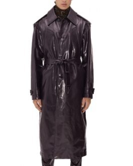 Men’s Shiny Belted Trench Coat with Removable Hood