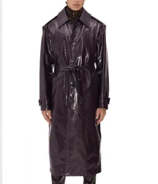 Men’s Shiny Belted Trench Coat with Removable Hood