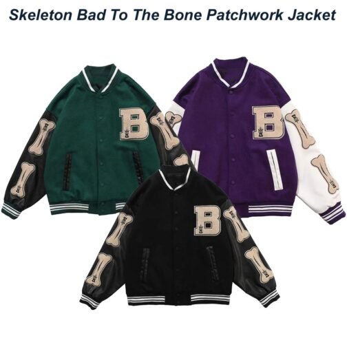 Skeleton Bad To The Bone Patchwork Varsity Wool/Leather Jacket - Image 14