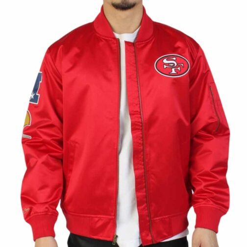 San Francisco 49ers Bomber Lightweight Red Satin Jacket - Image 3