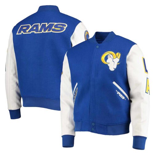 LA Rams Logo Royal and White Varsity Jacket - Image 3