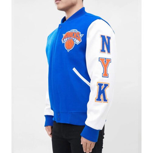 NY Knicks Logo Varsity Royal and White Jacket - Image 4