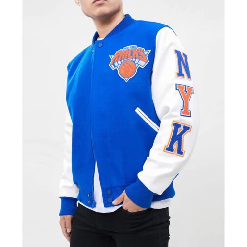 NY Knicks Logo Varsity Royal and White Jacket - Image 5